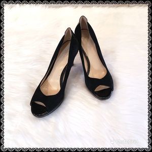 COLE HAAN Mariela Black Leather Peep-Toe Nike Air Platform Heel w/Patent Accents